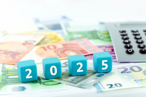 Foto: 2025 Jahreszahl als Würfel vor Geldscheinen